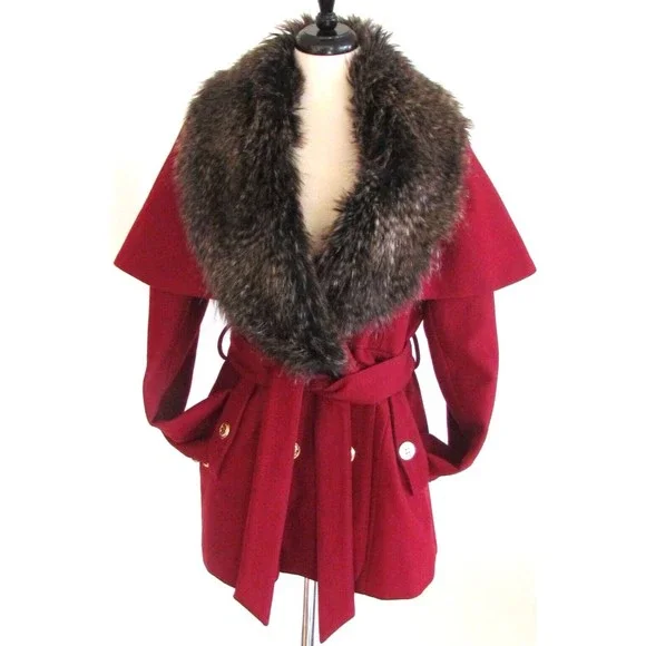 Steve Madden Burgundy Wool Capelet with Faux Fur Collar Double Breasted Coat L